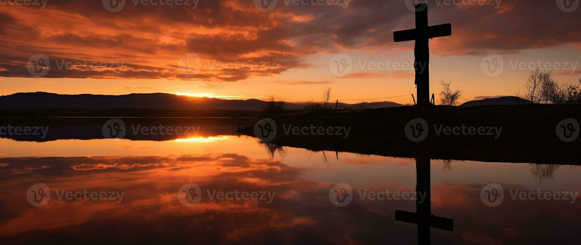 concepto o conceptual madera cruzar o religión símbolo forma terminado un puesta de sol cielo antecedentes bandera ai generado foto