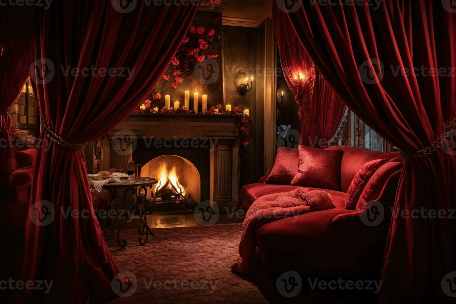 Romantic room interior with pink curtains and red hearts. Valentine's day concept. AI generated photo