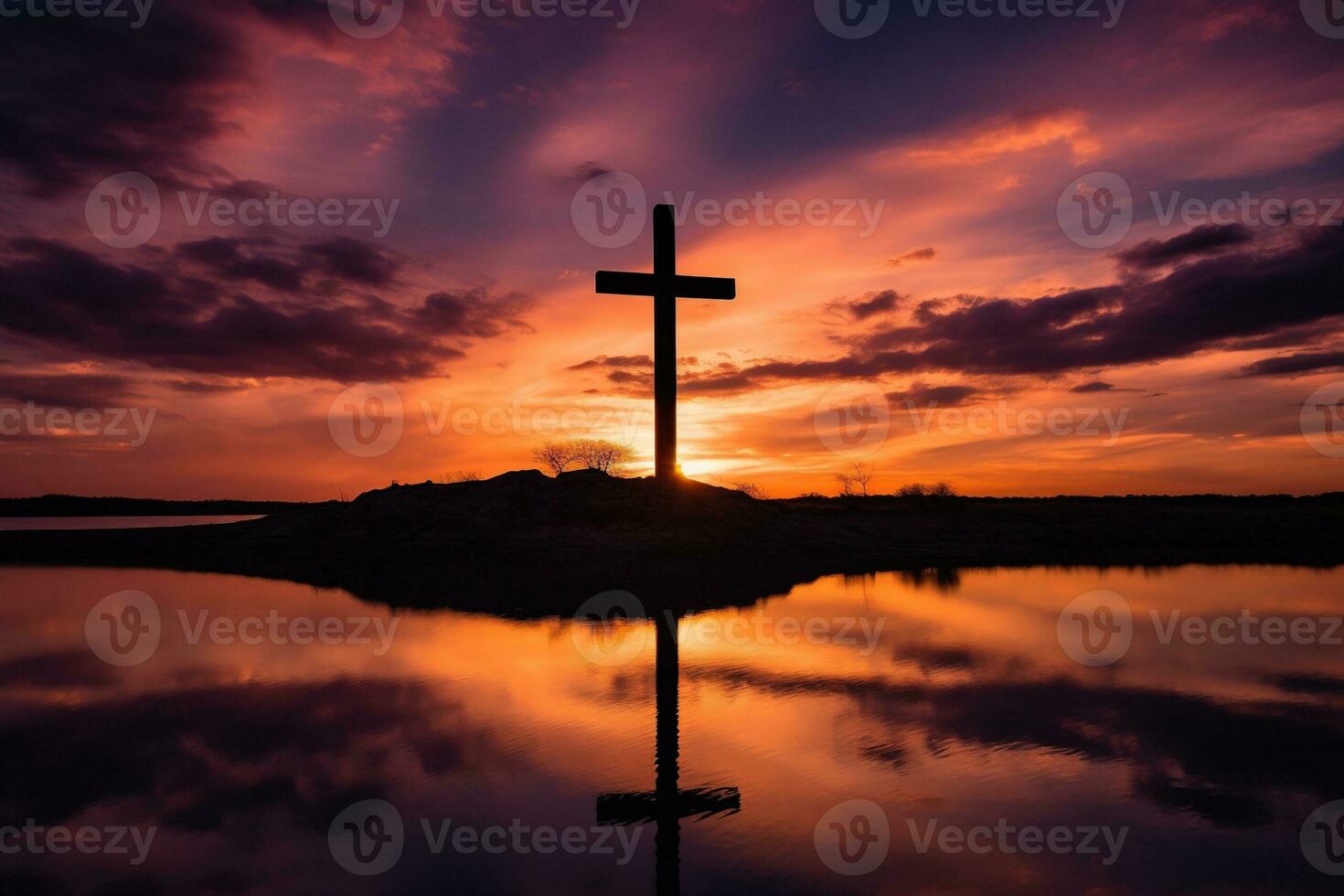 concepto o conceptual madera cruzar o religión símbolo forma terminado un puesta de sol cielo antecedentes bandera ai generado foto