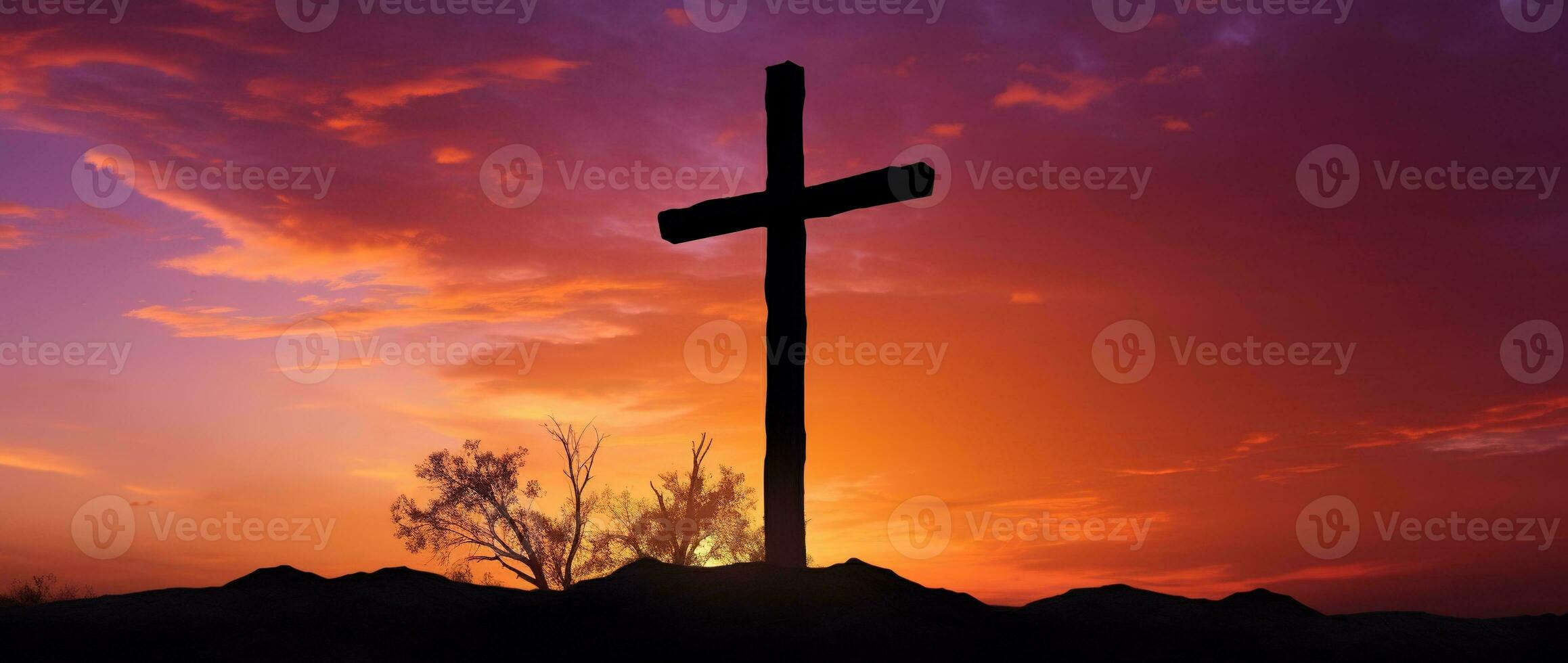 Concept or conceptual wood cross or religion symbol shape over a sunset sky background banner AI generated photo