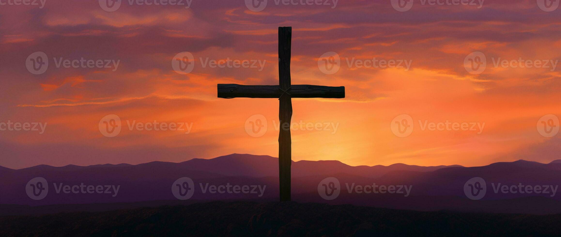 Concept or conceptual wood cross or religion symbol shape over a sunset sky background banner AI generated photo