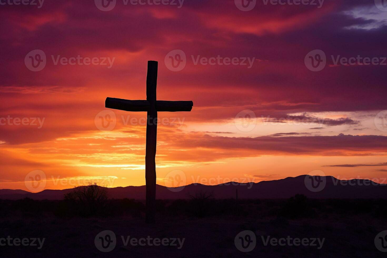 Concept or conceptual wood cross or religion symbol shape over a sunset sky background banner AI generated photo