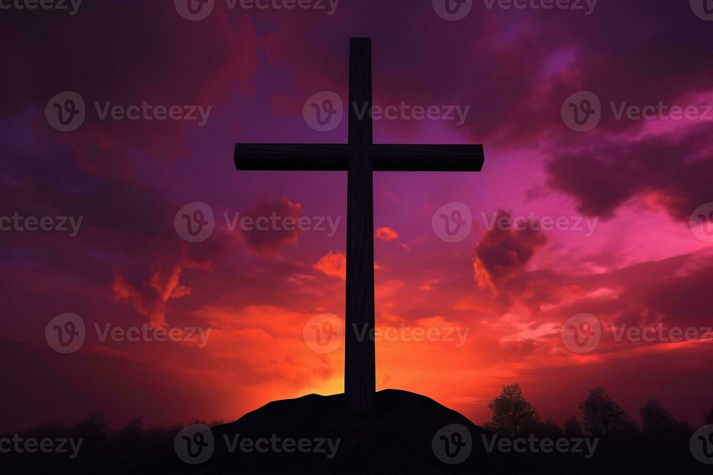 Concept or conceptual wood cross or religion symbol shape over a sunset sky background banner AI generated photo