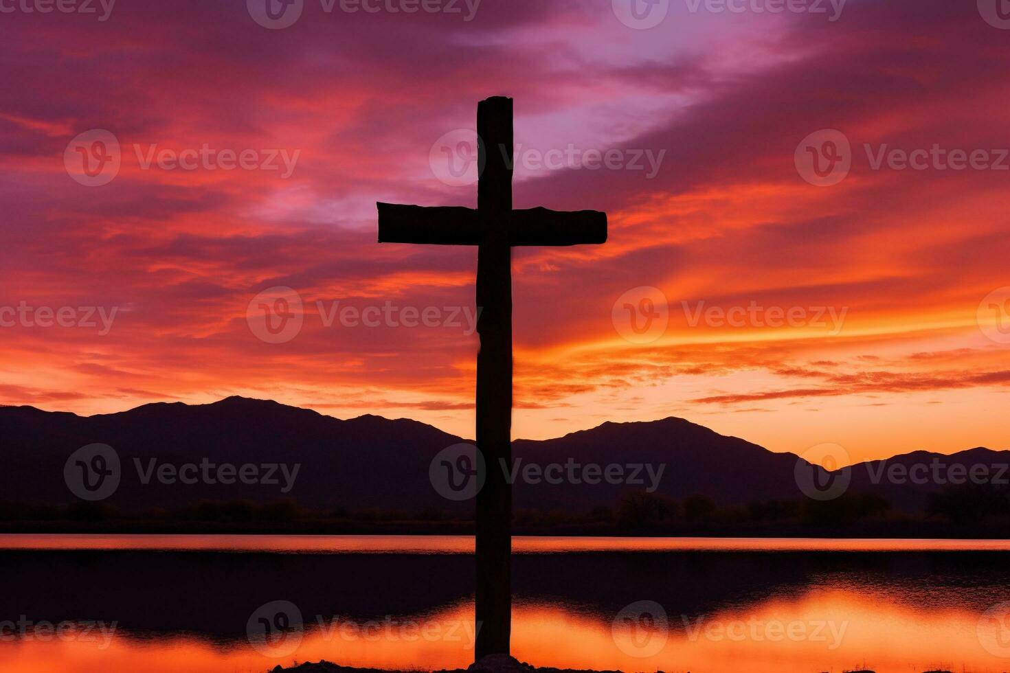 concepto o conceptual madera cruzar o religión símbolo forma terminado un puesta de sol cielo antecedentes bandera ai generado foto