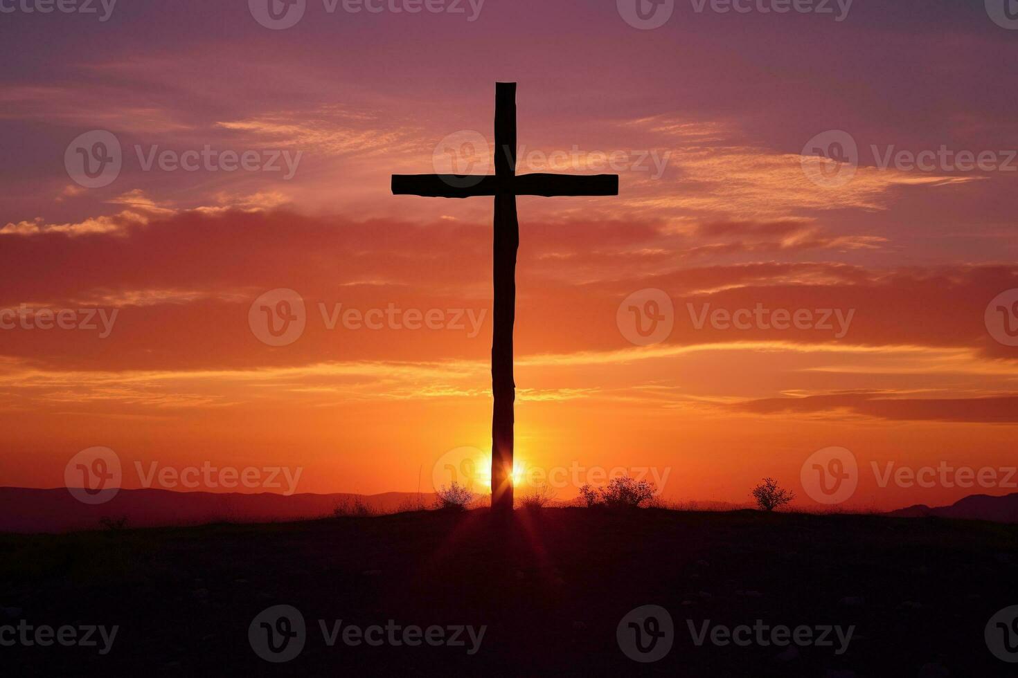 Concept or conceptual wood cross or religion symbol shape over a sunset sky background banner AI generated photo