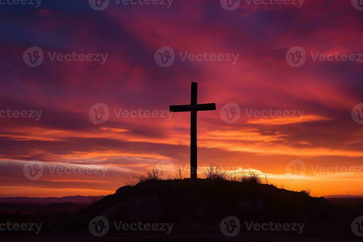 Concept or conceptual wood cross or religion symbol shape over a sunset sky background banner AI generated photo