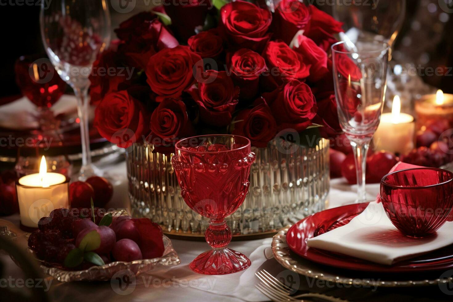 Romantic table setting with red roses, candles and glasses of wine.valentine concept AI generated photo