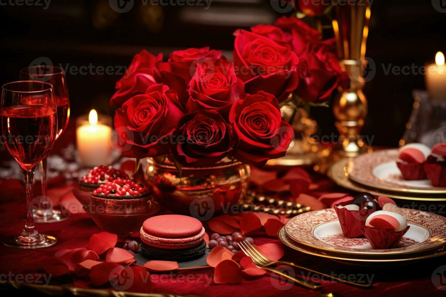 Romantic table setting with red roses, candles and glasses of wine.valentine concept AI generated photo