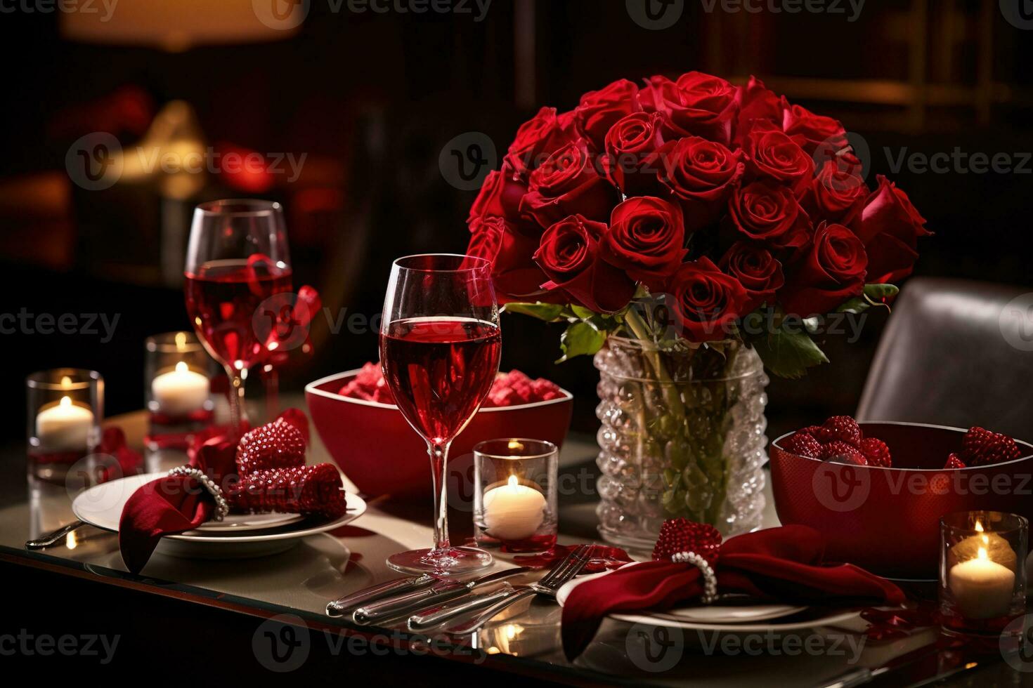 Romantic table setting with red roses, candles and glasses of wine.valentine concept AI generated photo