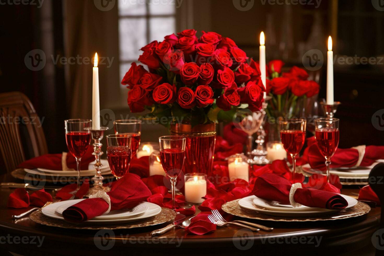 Romantic table setting with red roses, candles and glasses of wine.valentine concept AI generated photo