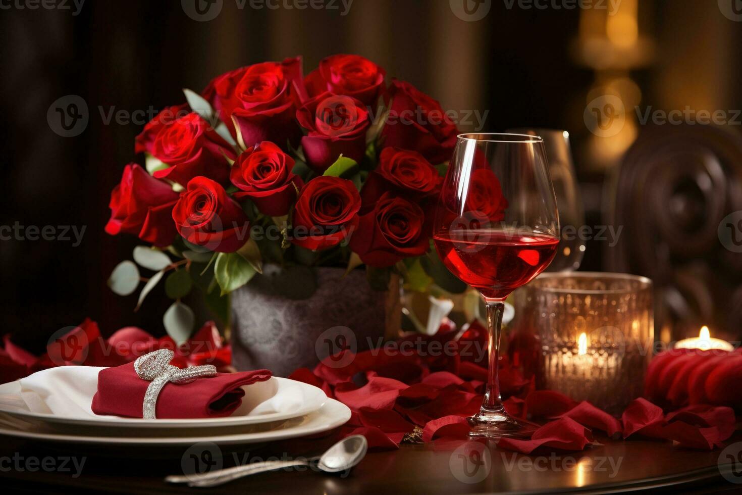 Romantic table setting with red roses, candles and glasses of wine.valentine concept AI generated photo