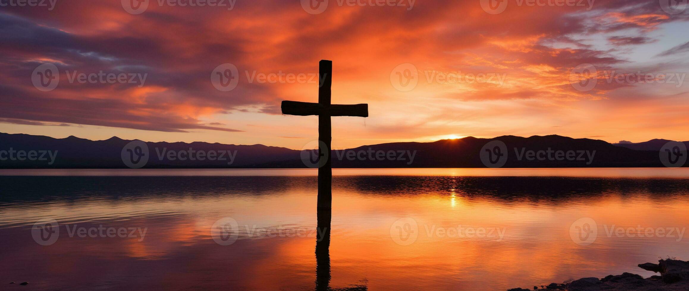Concept or conceptual wood cross or religion symbol shape over a sunset sky background banner AI generated photo