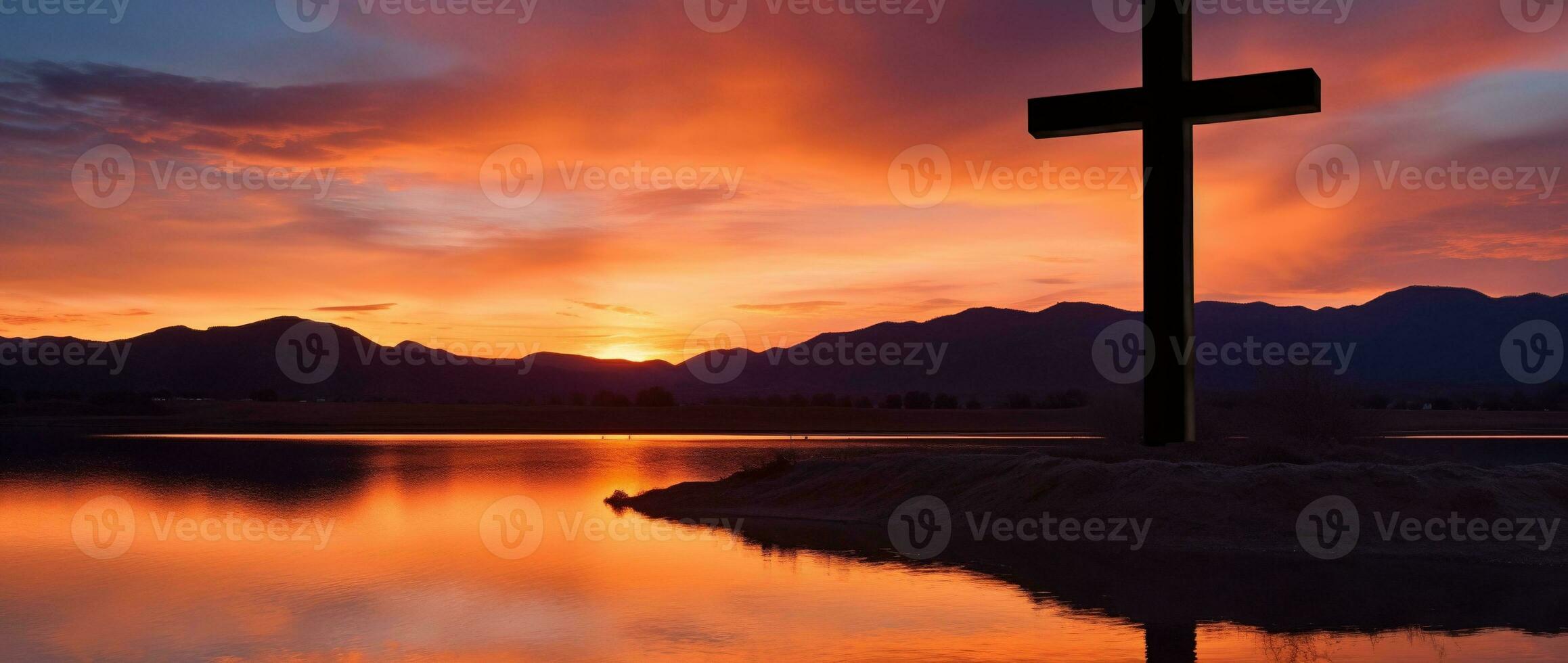 Concept or conceptual wood cross or religion symbol shape over a sunset sky background banner AI generated photo
