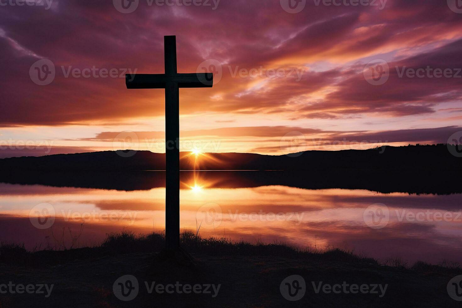 Concept or conceptual wood cross or religion symbol shape over a sunset sky background banner AI generated photo