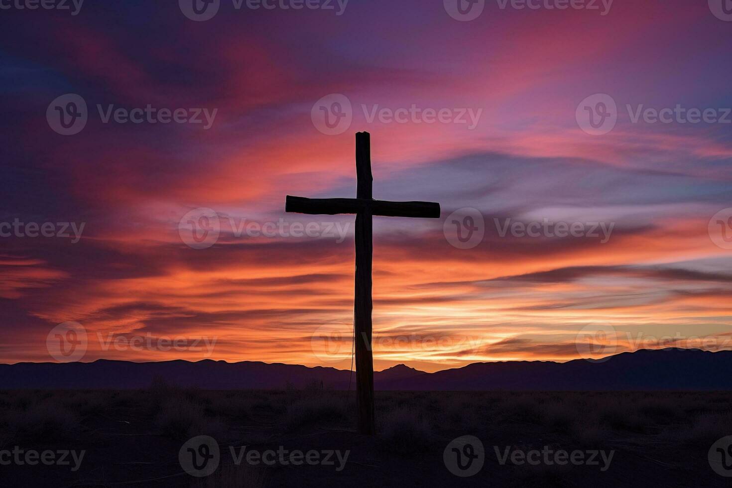 concepto o conceptual madera cruzar o religión símbolo forma terminado un puesta de sol cielo antecedentes bandera ai generado foto