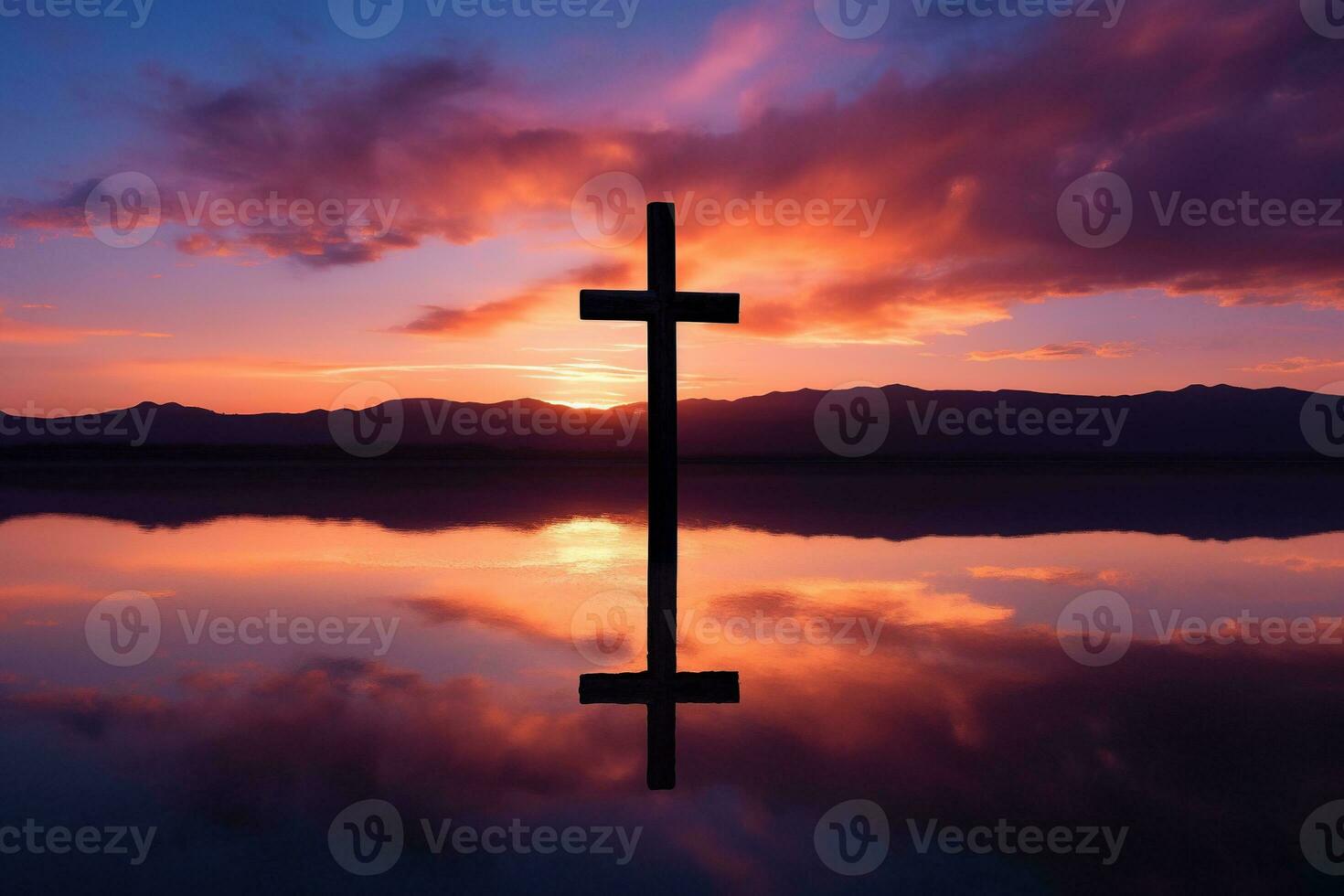 Concept or conceptual wood cross or religion symbol shape over a sunset sky background banner AI generated photo