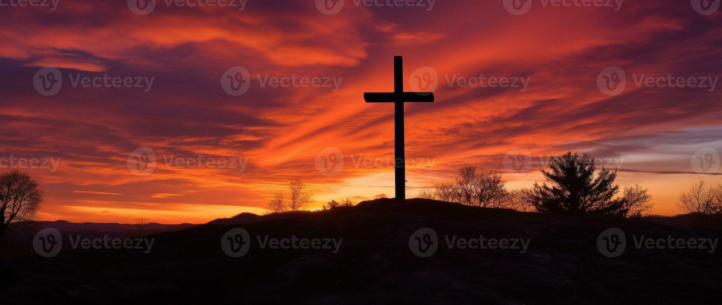 Concept or conceptual wood cross or religion symbol shape over a sunset sky background banner AI generated photo