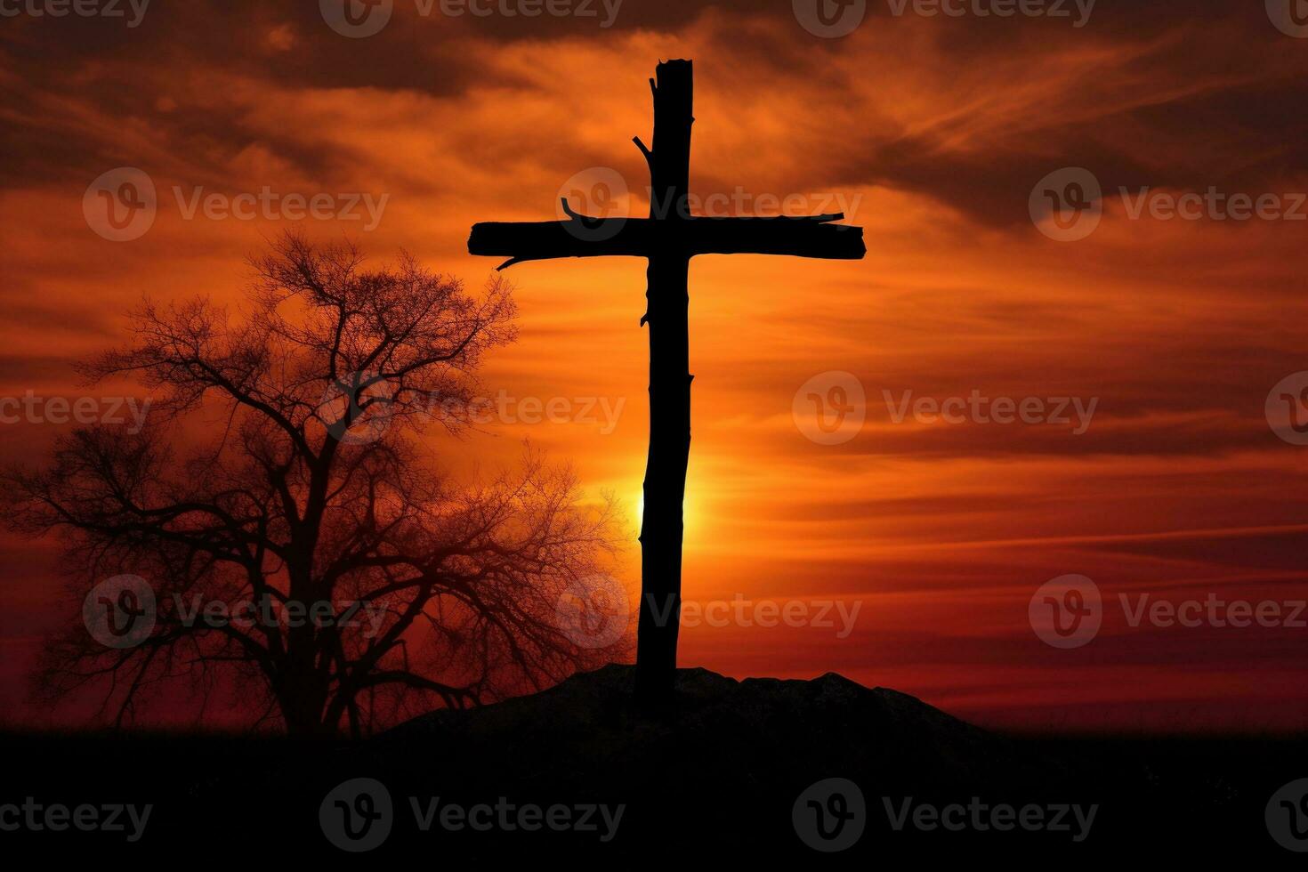 Concept or conceptual wood cross or religion symbol shape over a sunset sky background banner AI generated photo