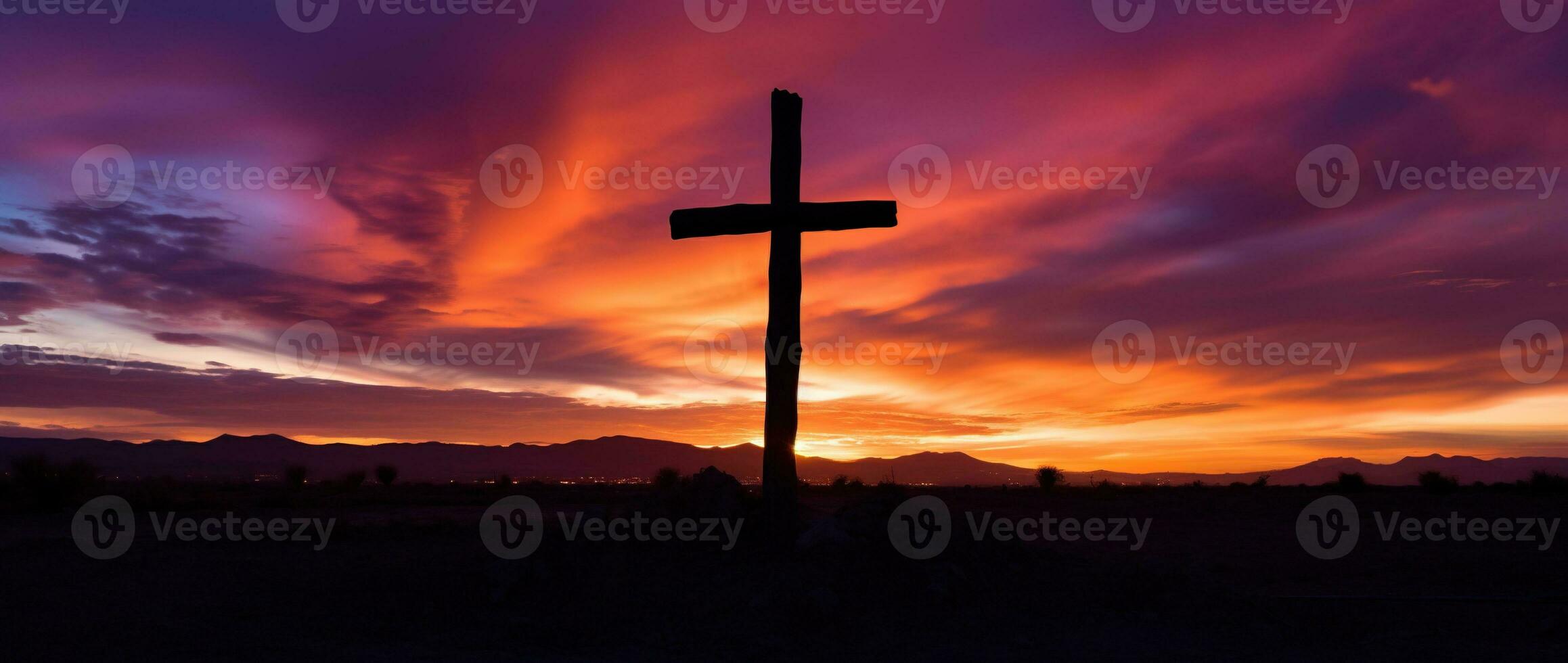 Concept or conceptual wood cross or religion symbol shape over a sunset sky background banner AI generated photo