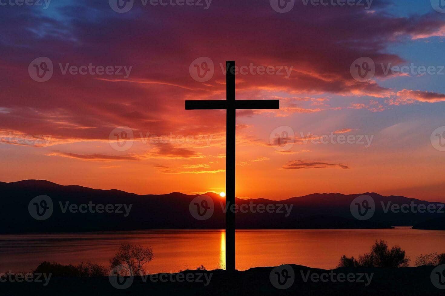 Concept or conceptual wood cross or religion symbol shape over a sunset sky background banner AI generated photo