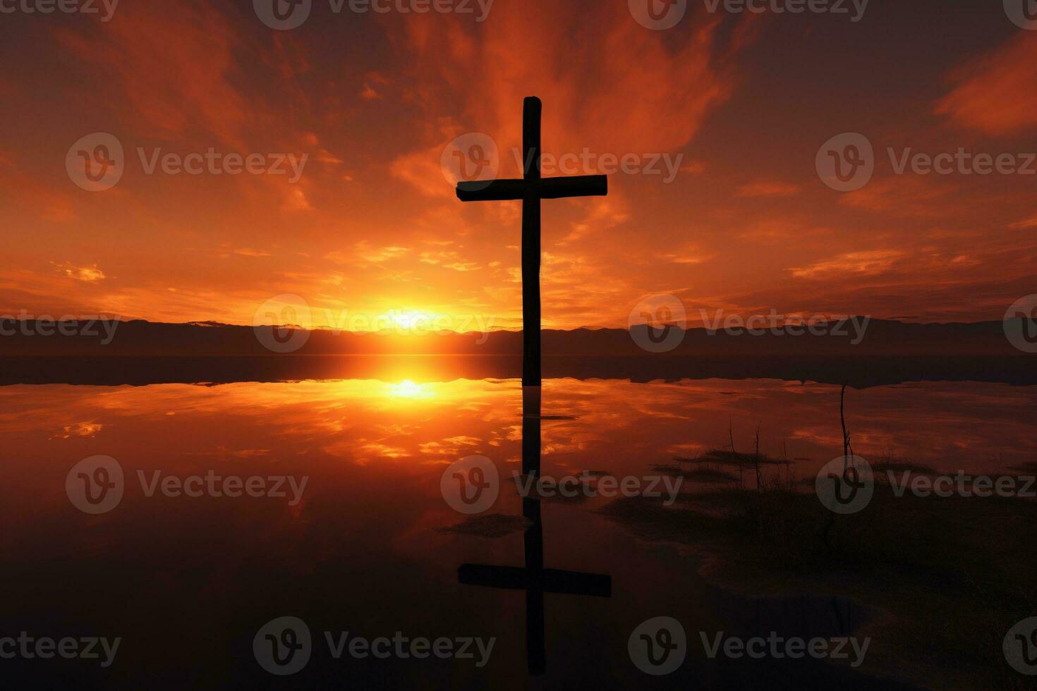 Concept or conceptual wood cross or religion symbol shape over a sunset sky background banner AI generated photo