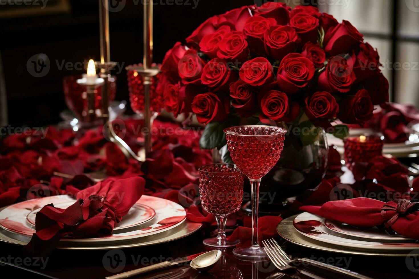 Romantic table setting with red roses, candles and glasses of wine.valentine concept AI generated photo