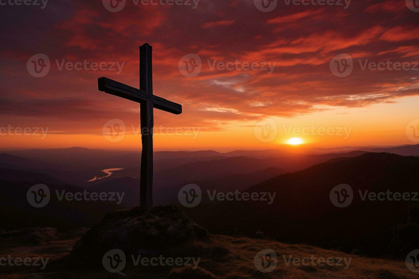 concepto o conceptual madera cruzar o religión símbolo forma terminado un puesta de sol cielo antecedentes bandera ai generado foto