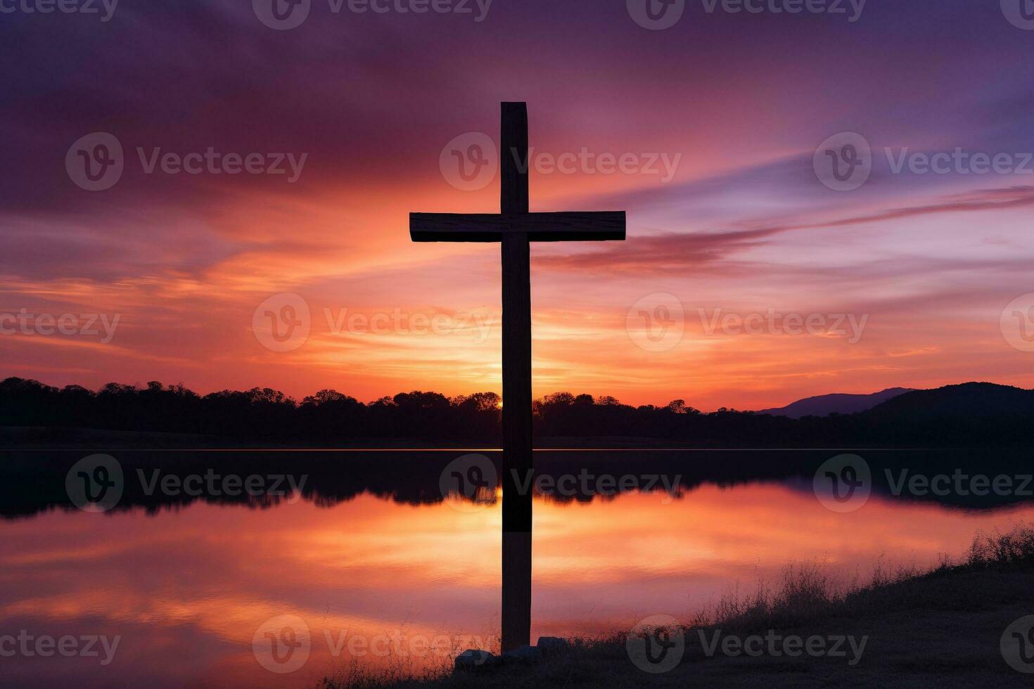 Concept or conceptual wood cross or religion symbol shape over a sunset sky background banner AI generated photo