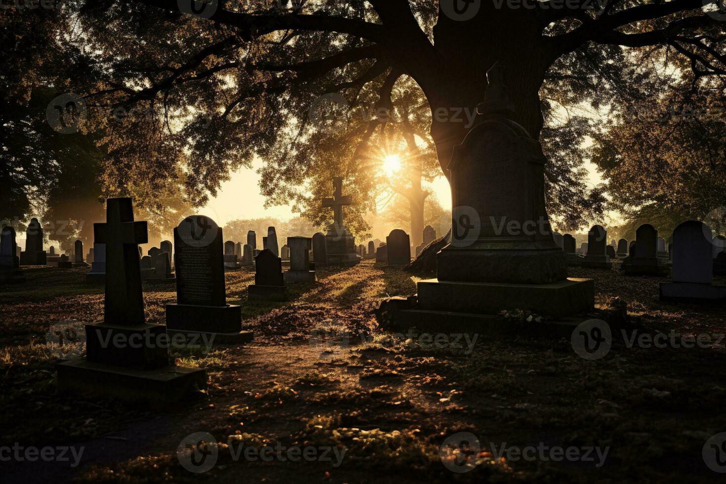 Gravestones in a cemetery at sunrise AI generated photo