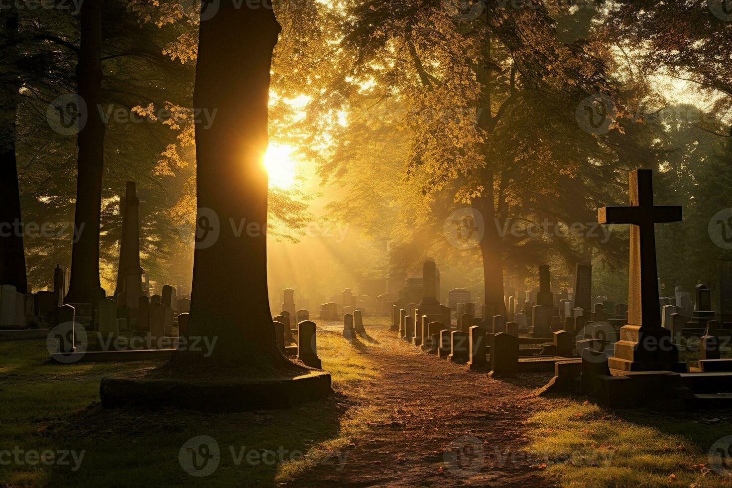 lápidas en un cementerio a amanecer ai generado foto