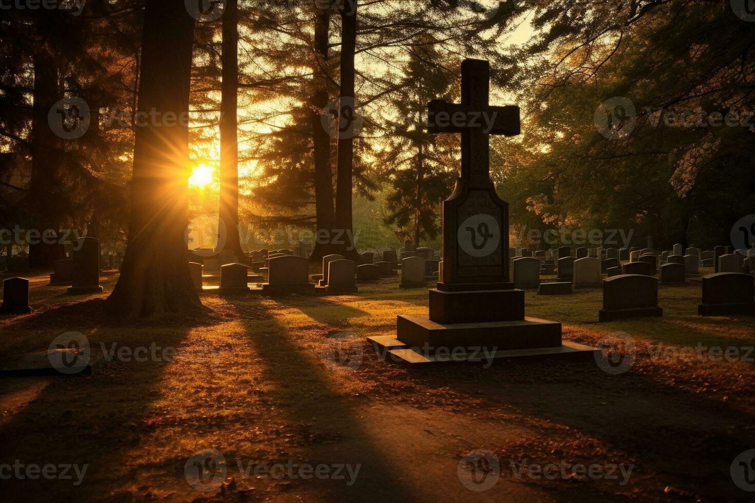 Gravestones in a cemetery at sunrise AI generated photo