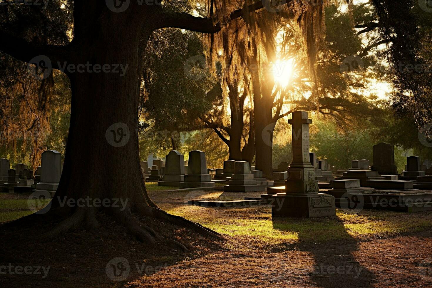 lápidas en un cementerio a amanecer ai generado foto