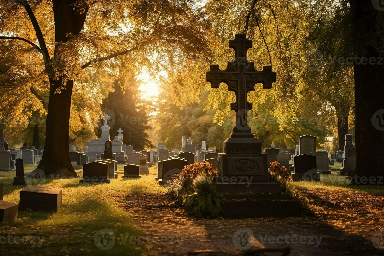 lápidas en un cementerio a amanecer ai generado foto