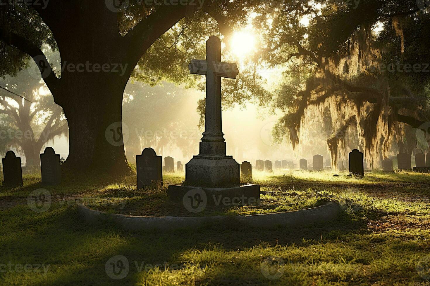 Gravestones in a cemetery at sunrise AI generated photo