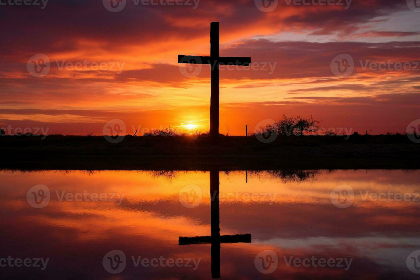Concept or conceptual wood cross or religion symbol shape over a sunset sky background banner AI generated photo
