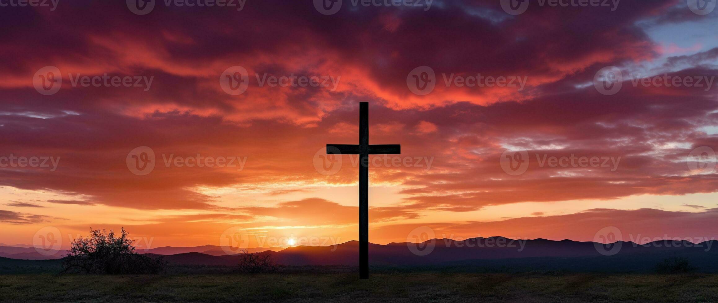 Concept or conceptual wood cross or religion symbol shape over a sunset sky background banner AI generated photo