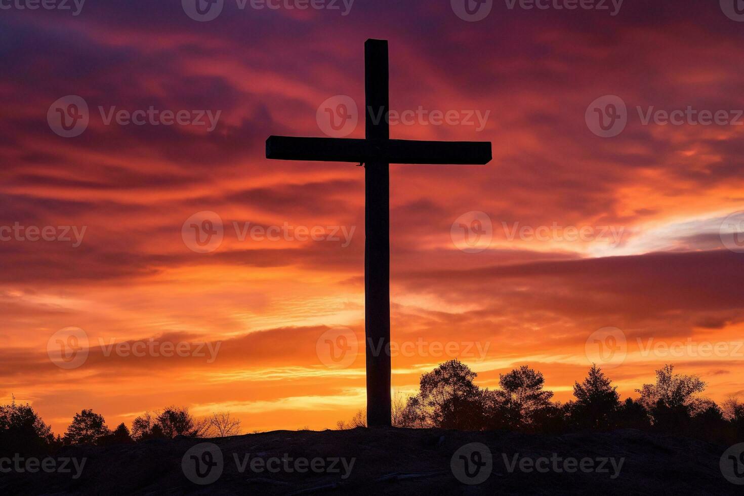 Concept or conceptual wood cross or religion symbol shape over a sunset sky background banner AI generated photo
