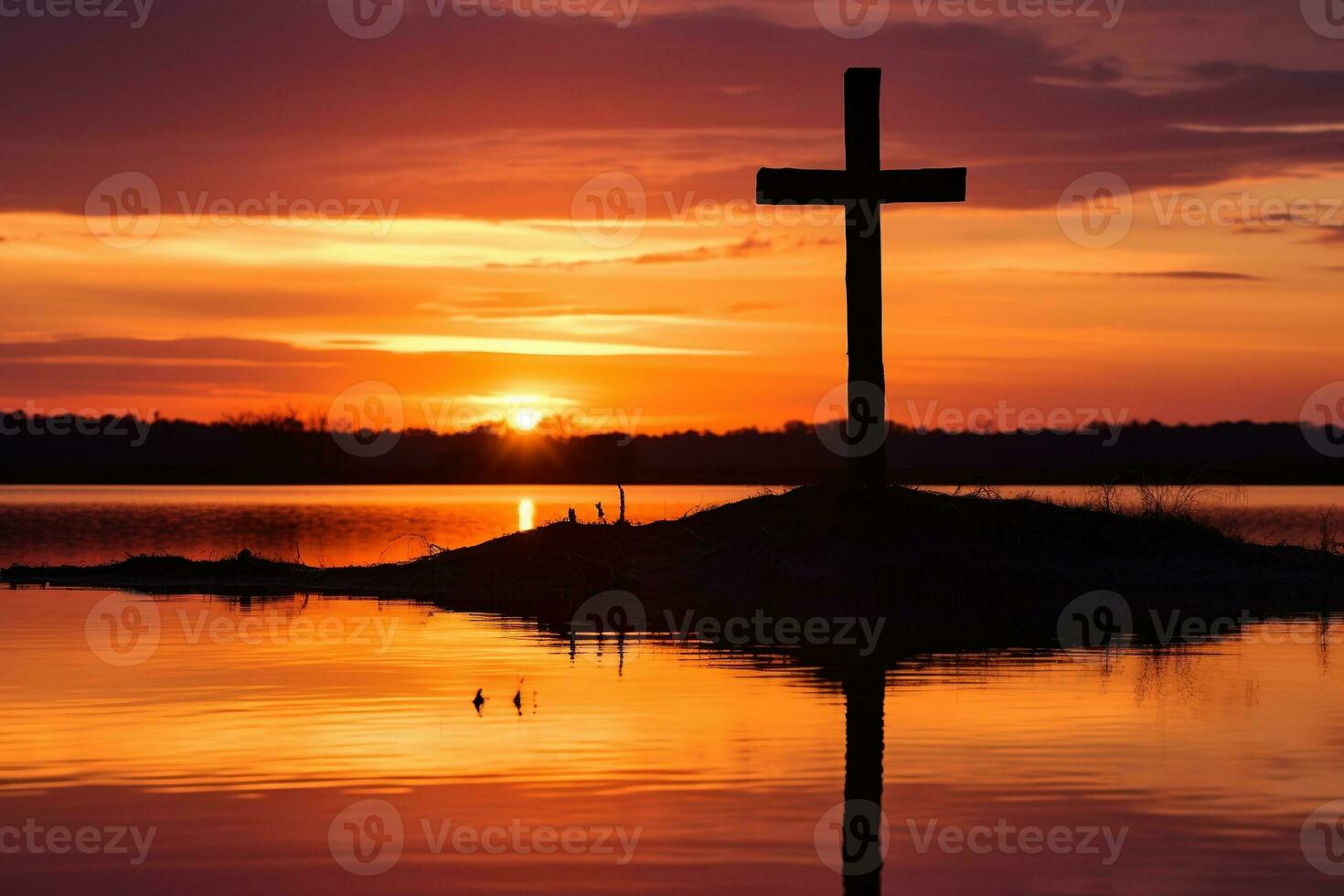 Concept or conceptual wood cross or religion symbol shape over a sunset sky background banner AI generated photo