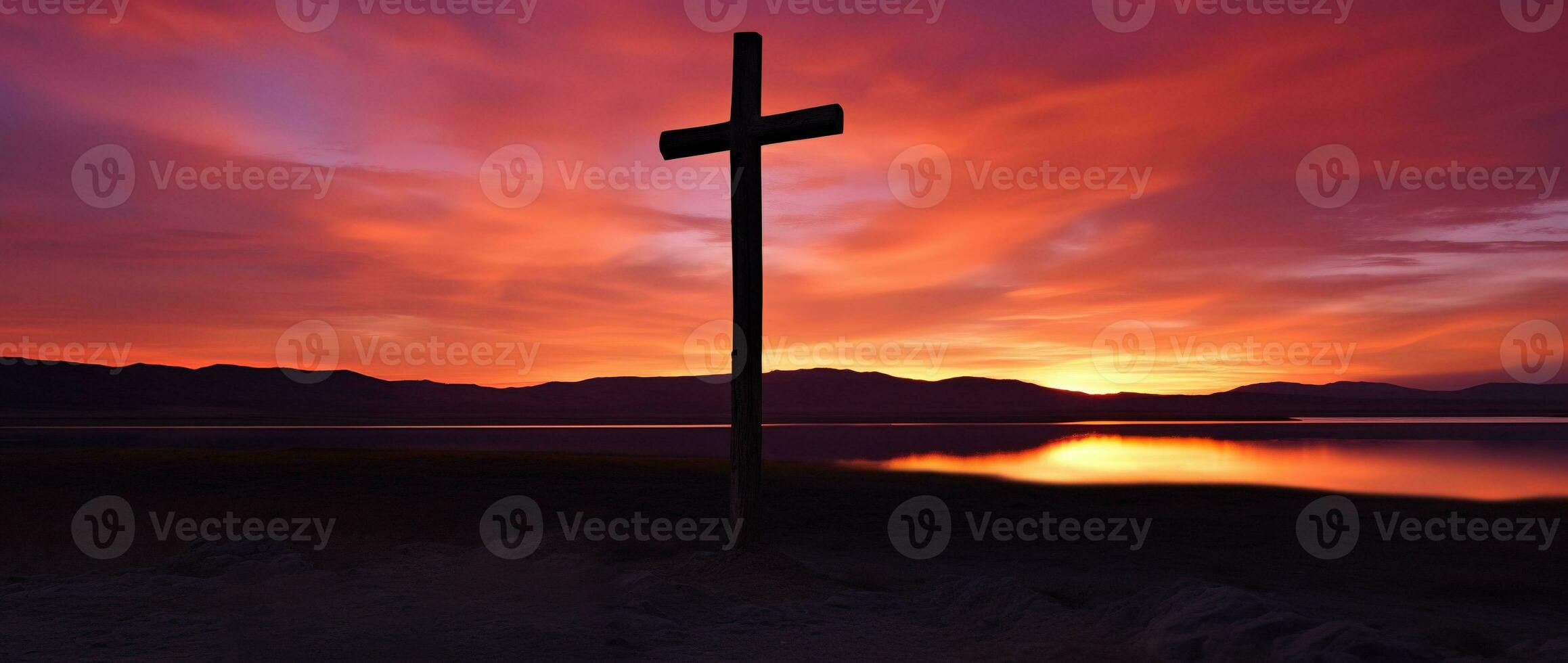 Concept or conceptual wood cross or religion symbol shape over a sunset sky background banner AI generated photo