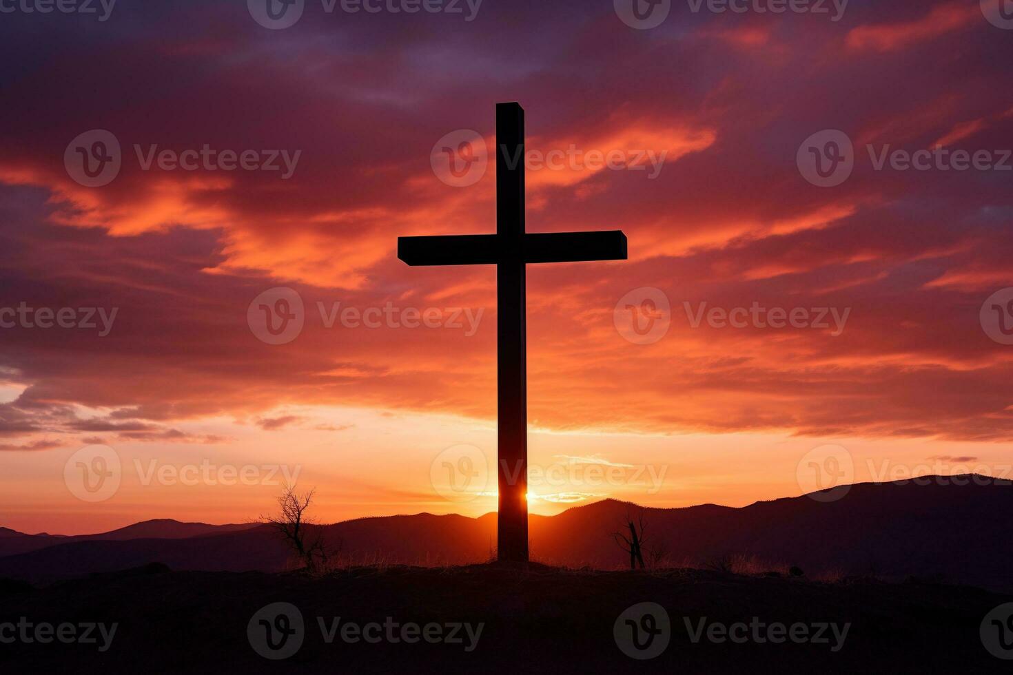 Concept or conceptual wood cross or religion symbol shape over a sunset sky background banner AI generated photo