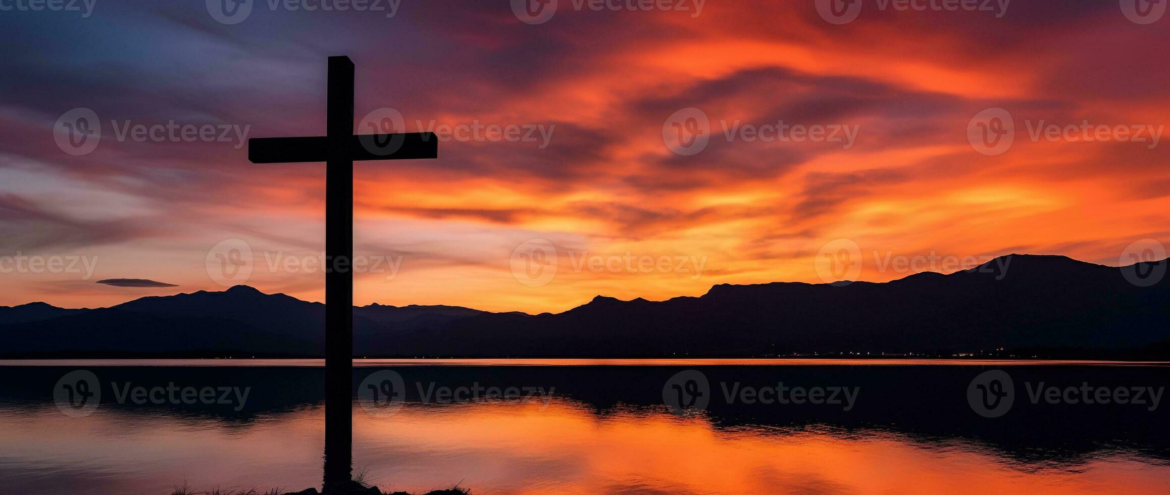 concepto o conceptual madera cruzar o religión símbolo forma terminado un puesta de sol cielo antecedentes bandera ai generado foto