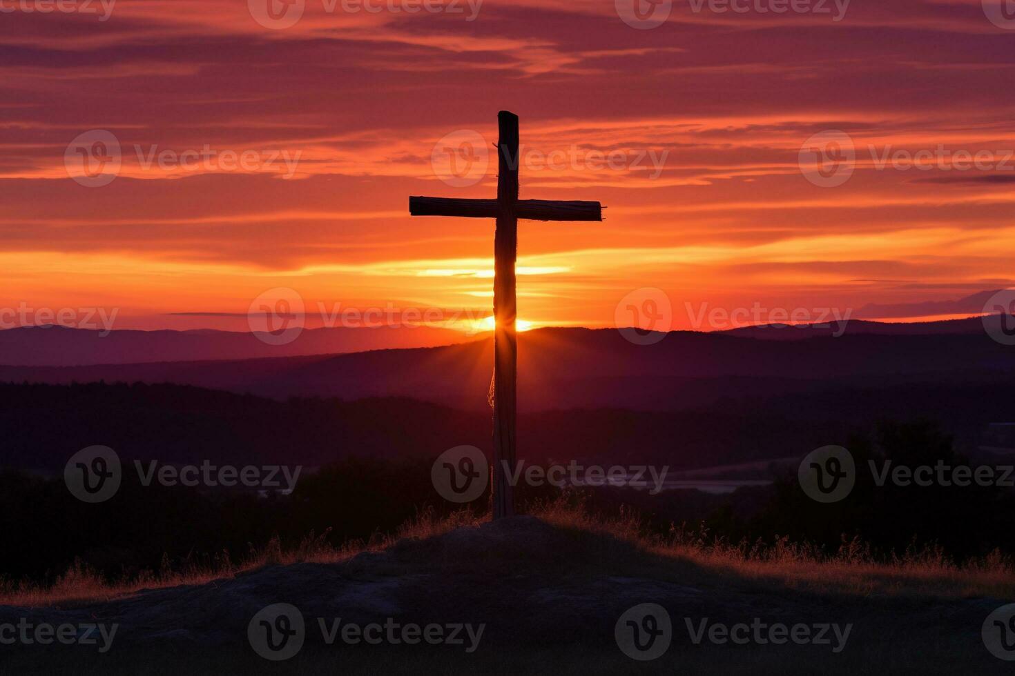 Concept or conceptual wood cross or religion symbol shape over a sunset sky background banner AI generated photo