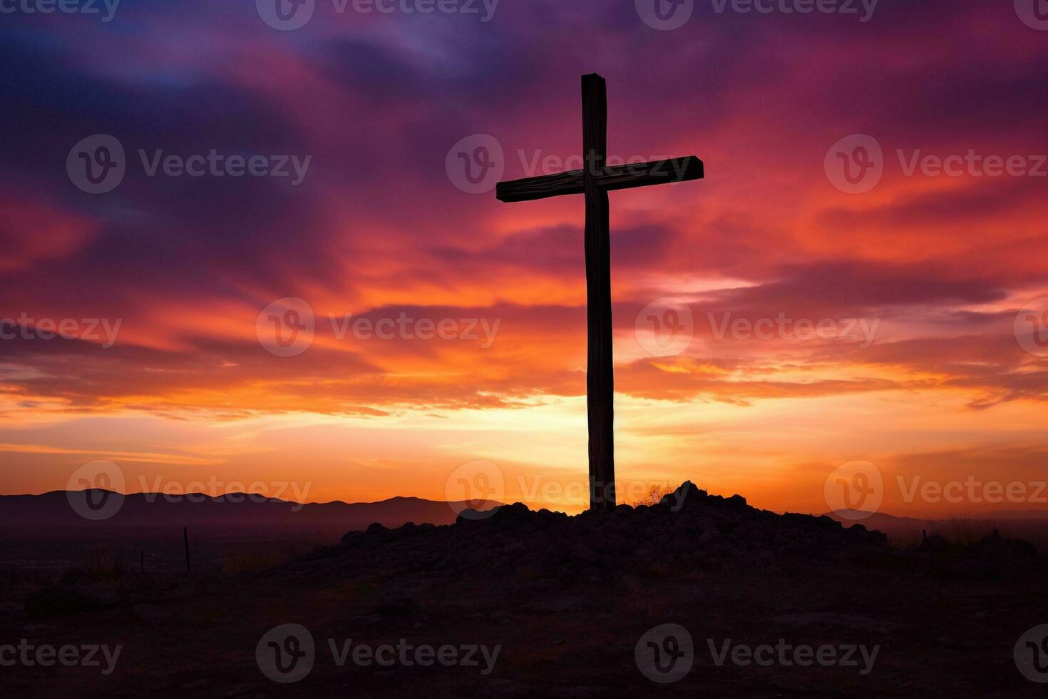 Concept or conceptual wood cross or religion symbol shape over a sunset sky background banner AI generated photo