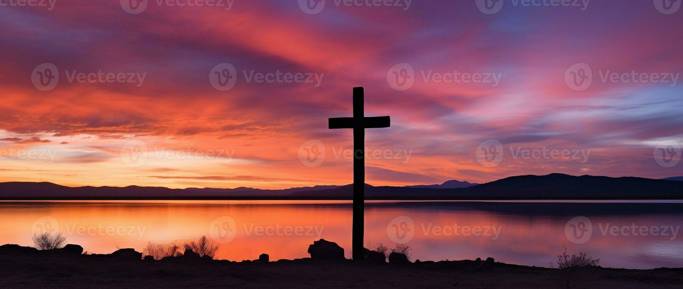 Concept or conceptual wood cross or religion symbol shape over a sunset sky background banner AI generated photo
