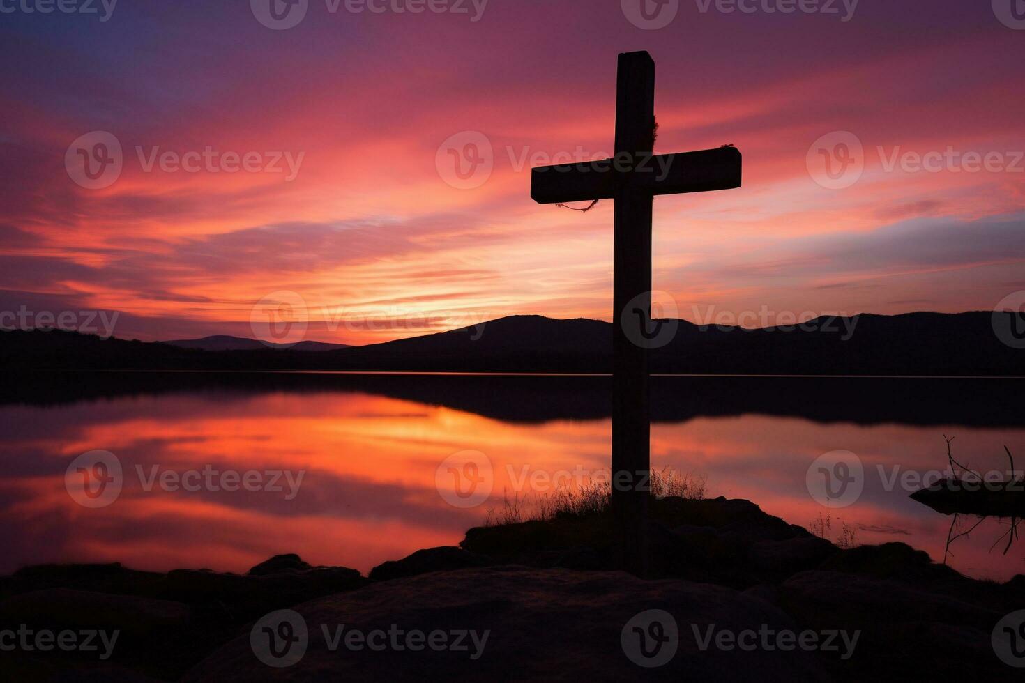 Concept or conceptual wood cross or religion symbol shape over a sunset sky background banner AI generated photo