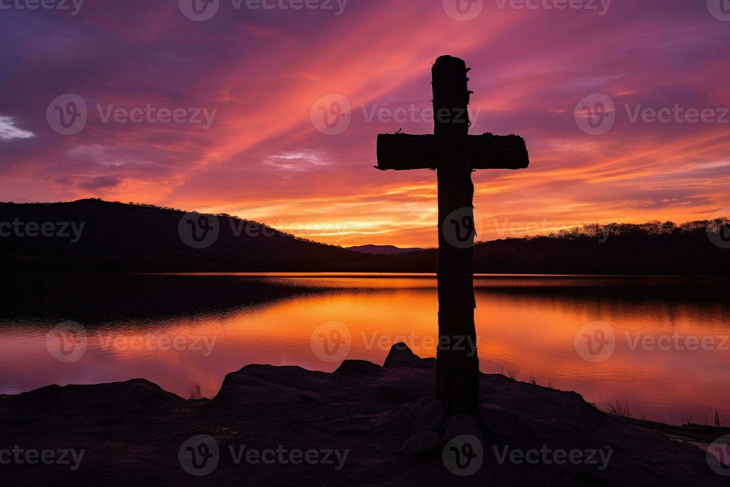 Concept or conceptual wood cross or religion symbol shape over a sunset sky background banner AI generated photo