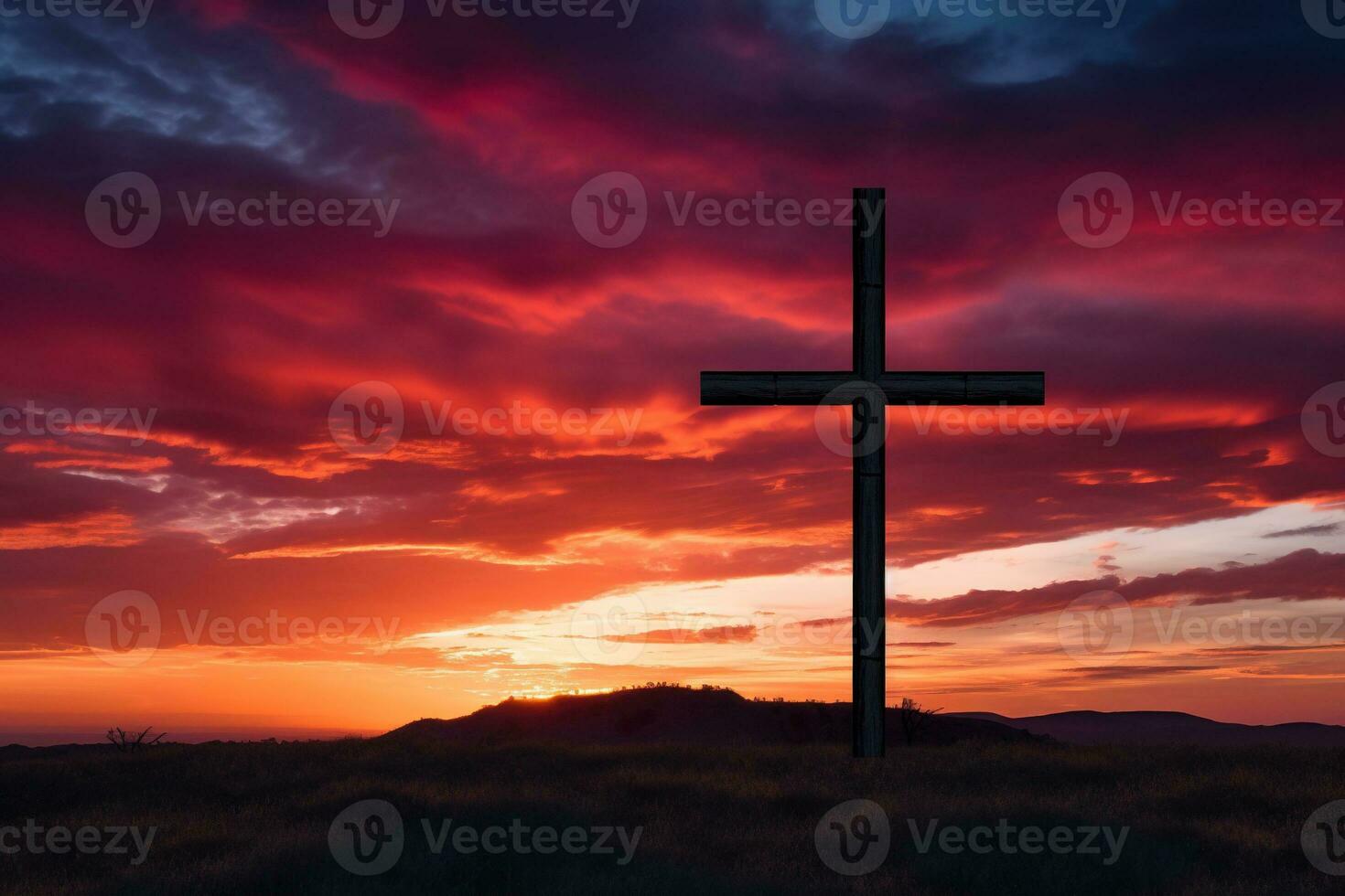 Concept or conceptual wood cross or religion symbol shape over a sunset sky background banner AI generated photo