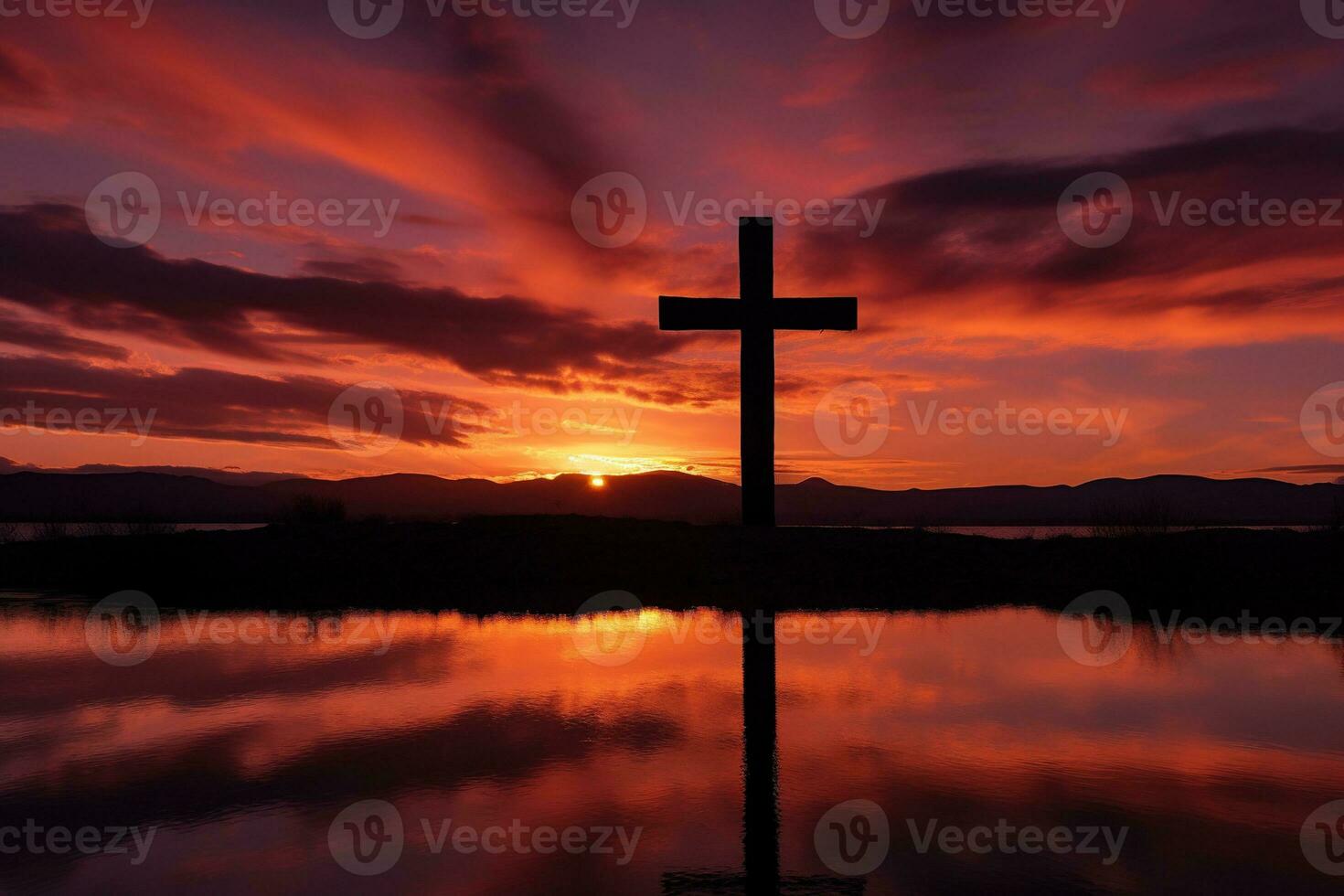 Concept or conceptual wood cross or religion symbol shape over a sunset sky background banner AI generated photo