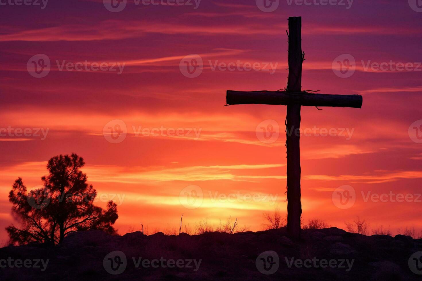 Concept or conceptual wood cross or religion symbol shape over a sunset sky background banner AI generated photo