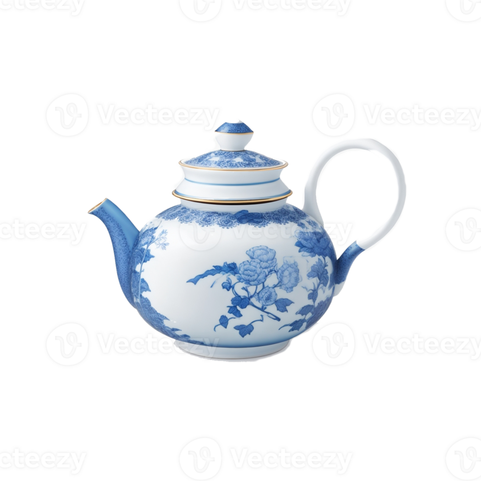 blue teapot traditional vintage teapot cartoon A ceramic teapot on a colid color Naturalistic Silhouette of Teapot with whistle Generative Ai png